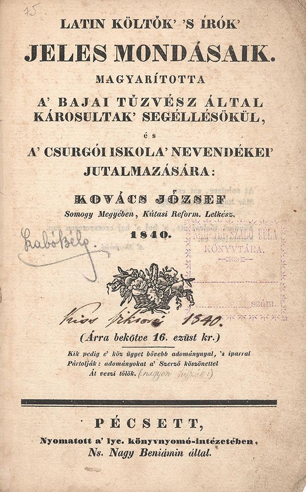 Kovács József: Latin költők’ ‘s írók’ jeles mondásaik
