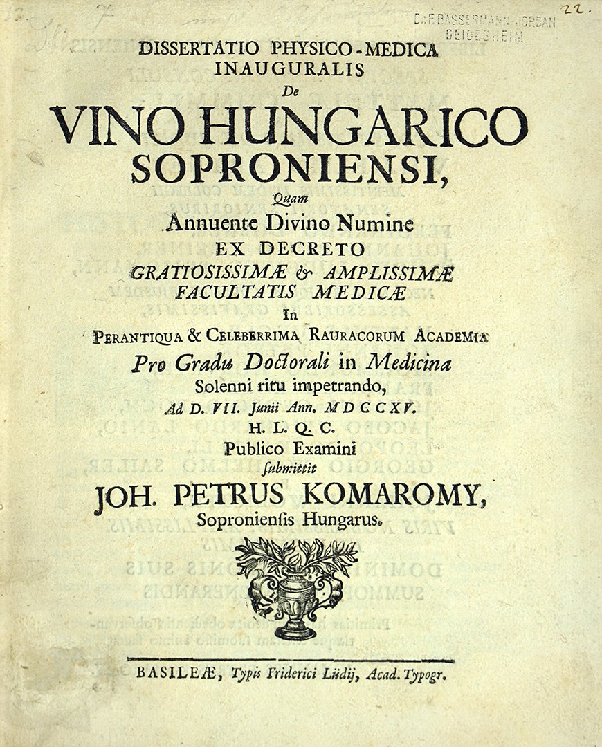 Komáromy János Péter: Dissertatio physicomedica inauguralis De Vino Hungarico Soproniensi