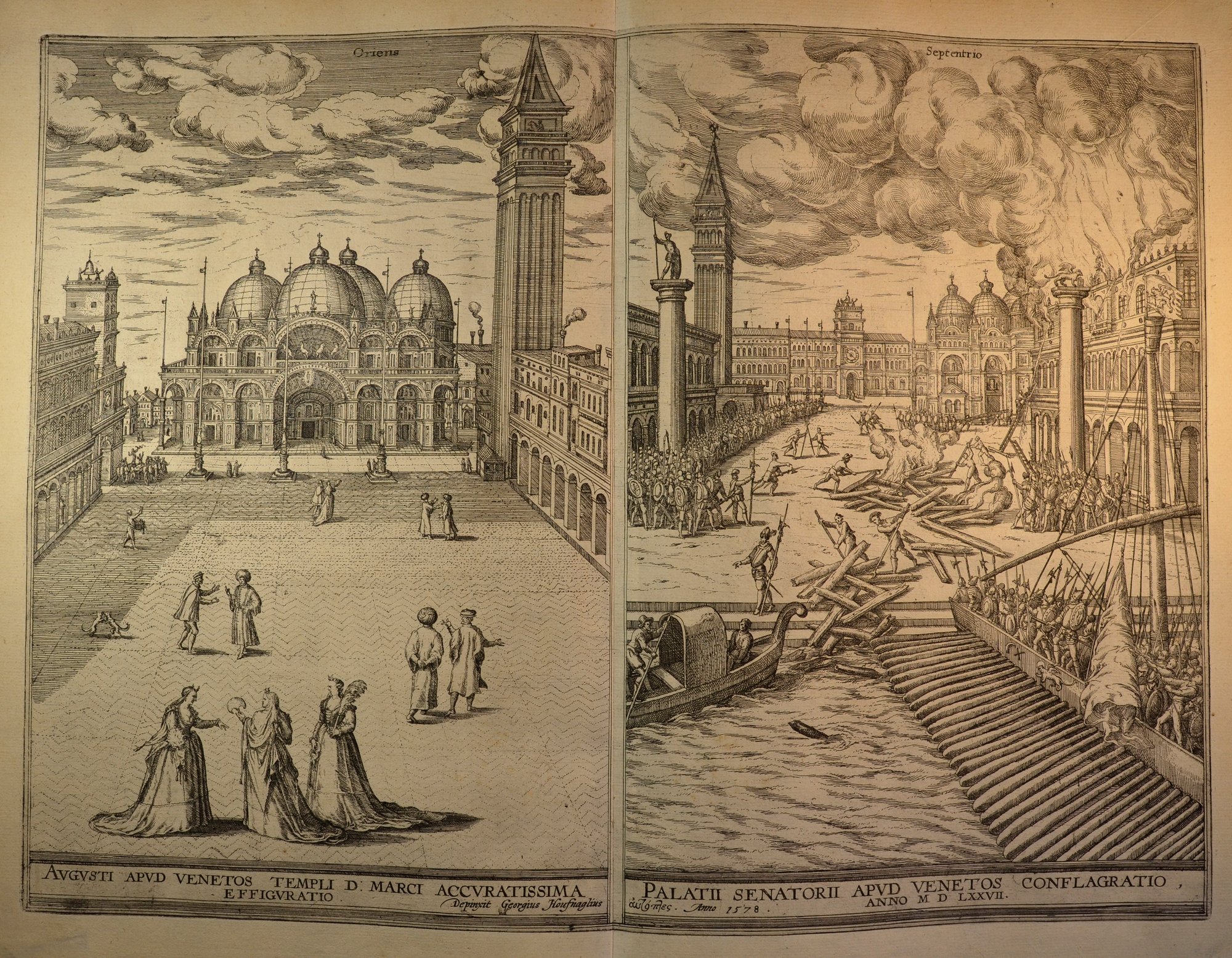 Georg Braun & Frans Hogenberg: Piazza San Marco (Great Fire of 1577) Augusti apud Venetos templi D. Marci accuratissima effiguratio & Palatii senatorii apud Venetos conflagratio