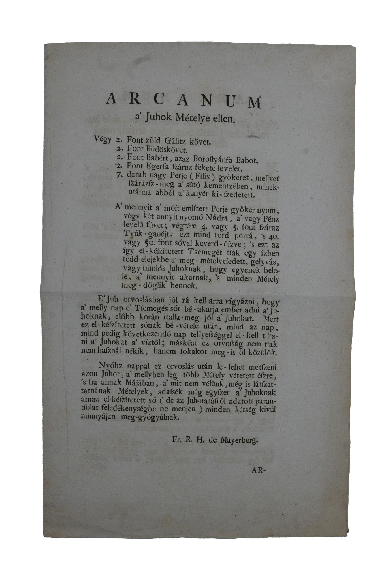 MAYERBERG, Fr. R. H.: Arcanum a’ juhok mételye ellen