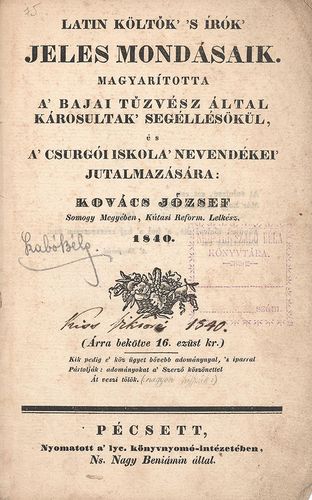 Kovács József: Latin költők’ ‘s írók’ jeles mondásaik