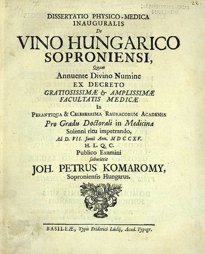 Komáromy János Péter: Dissertatio physicomedica inauguralis De Vino Hungarico Soproniensi