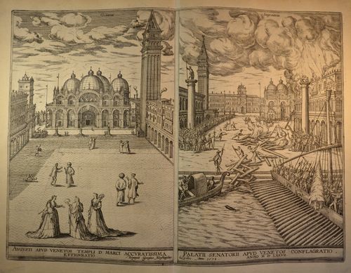 Georg Braun & Frans Hogenberg: Piazza San Marco (Great Fire of 1577) Augusti apud Venetos templi D. Marci accuratissima effiguratio & Palatii senatorii apud Venetos conflagratio